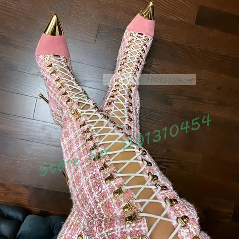 Sock Boot Women - Różowa, pusta wysokie buty w kratę