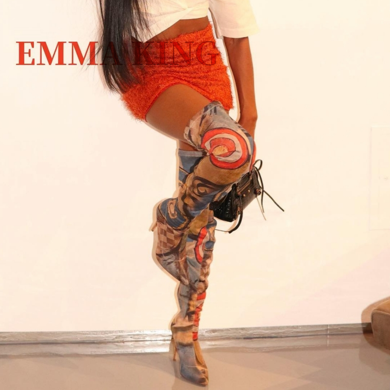 Sock Boot Women - Damskie kozaki za kolano z nadrukiem