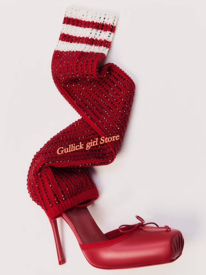 Sock Boot Women - Czerwone dzianinowe botki z kwadratowym noskiem,